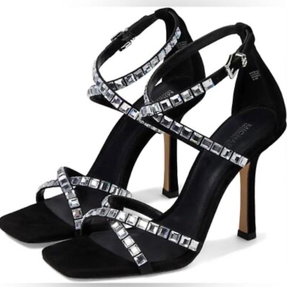Women's Black Crystal Strappy High Heel Sandals